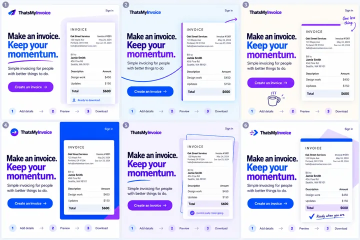 Six blue-purple invoice design variations