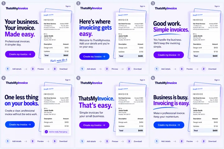 Six calm invoice homepage concepts
