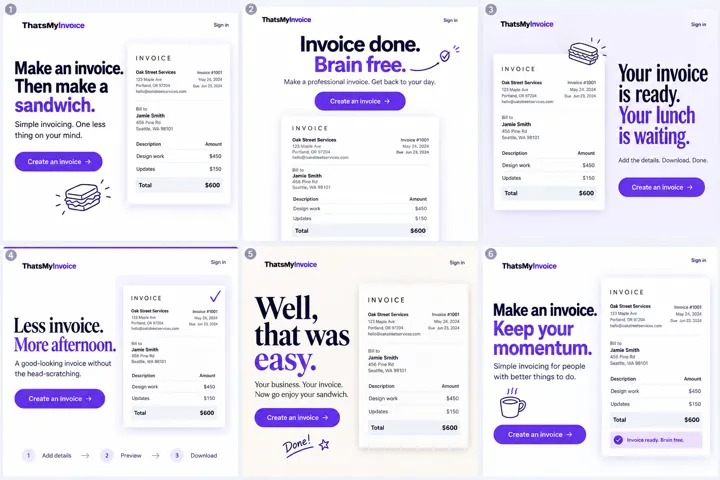 Six playful invoice landing page concepts