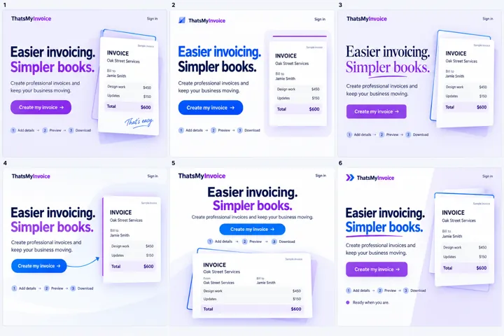 Six polished invoice hero variations