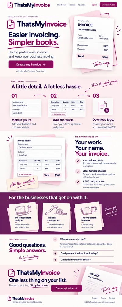 ThatsMyInvoice editorial invoice landing page