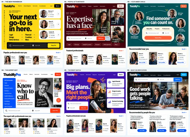 Six bold ThatsMyPro homepage concepts