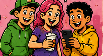 Three friends smiling at a phone, dreaming of a burger