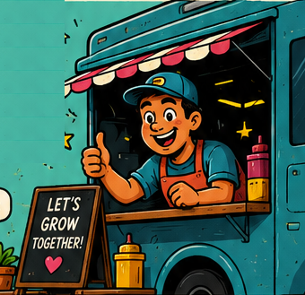 A cheerful vendor giving a thumbs-up from a food truck window